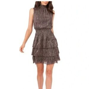 1.STATE Gunmetal Metallic Smocked Tiered Cocktail Dress Sleeveless M